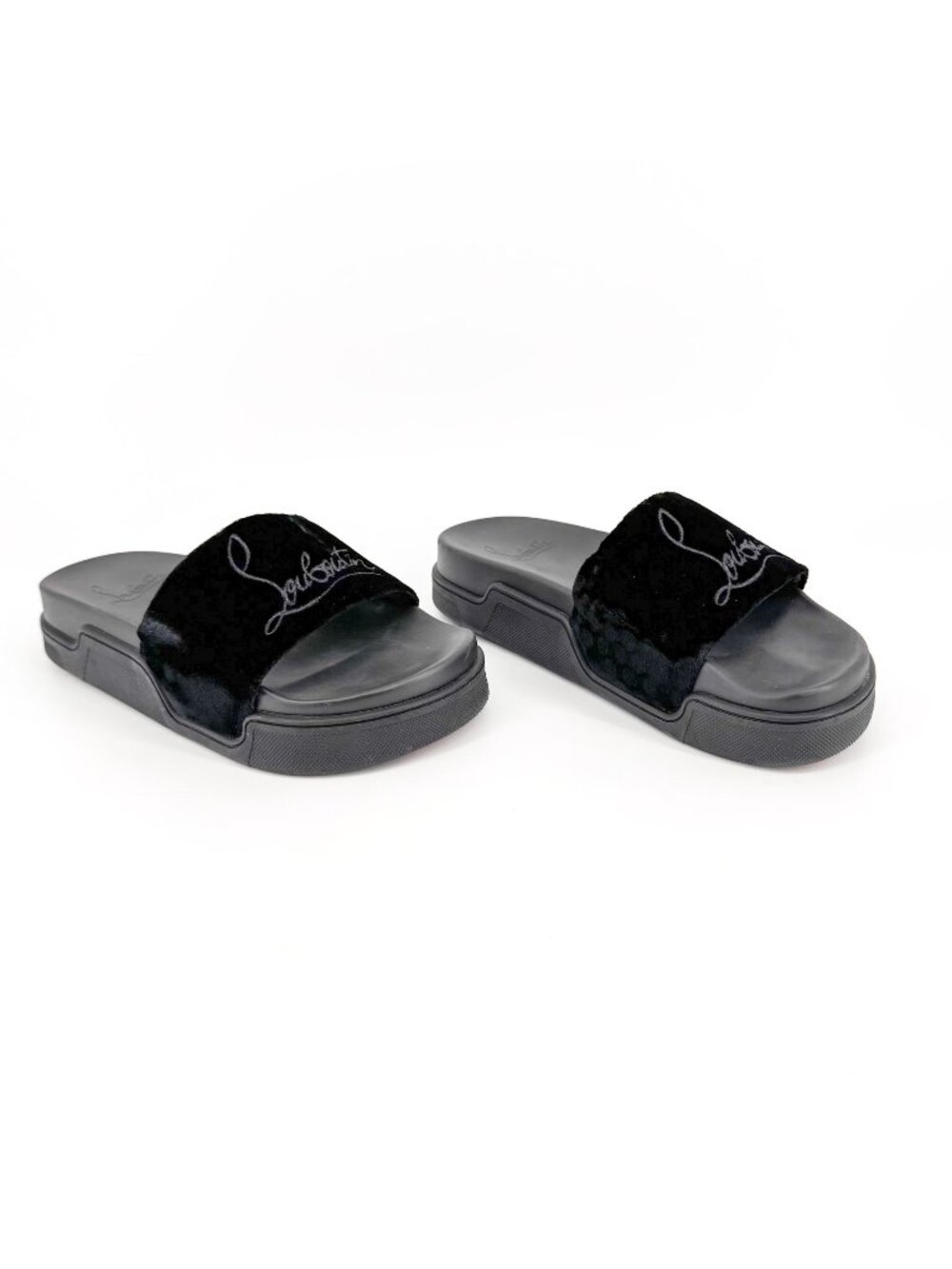 Christian Louboutin 'Navy Pool' Slide Sandals Size 37 US 7 Black Velvet Logo 34